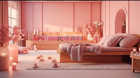 柔和的粉色色调水疗中心内部营造出舒适的氛围，AI 渲染 3D 插图