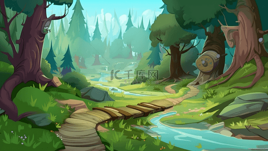 梦幻蘑菇背景图片_森林树小河背景