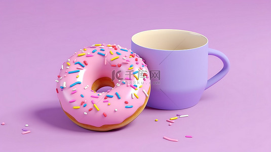 牛奶杯背景图片_在柔和的紫色背景下，充满活力的甜甜圈和牛奶杯的 3D 渲染