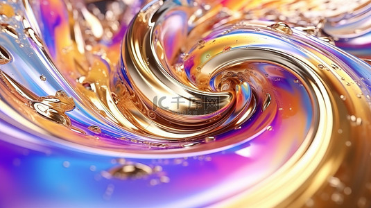 3D 渲染的抽象背景金属闪光和亮点漩涡在美丽的液体形成