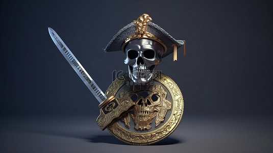 卡通剑背景图片_3D 插图中带剑和头骨的加密货币海盗帽子
