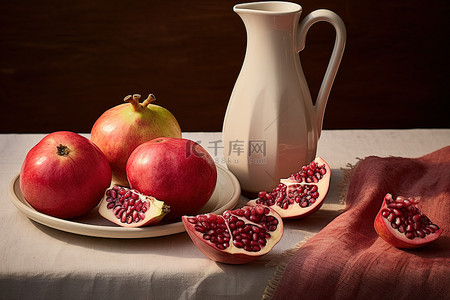 石榴背景图片_桌上的水果，有水罐和石榴