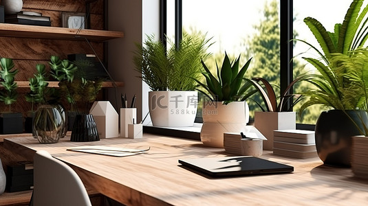 舒适公寓内的木质桌面工作区，拥有充足的工作和创造力 3D 渲染空间