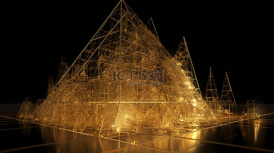 闪闪发光的金色线框在 3D 渲染中包裹着精致的三角形建筑