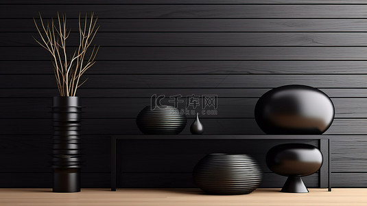 桌子背景图片_当代日本风格的客厅配有时尚的黑色台灯和令人惊叹的 3D 渲染装饰