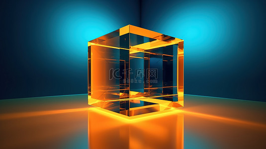 在令人惊叹的 3D 插图中，蓝色背景上的霓虹灯点亮的简单三维橙色立方体