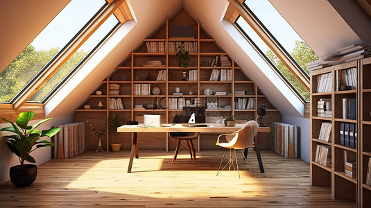 办公背景图片_阁楼内的现代工作空间设有引人注目的木制家具书架和双窗 3D 概念化