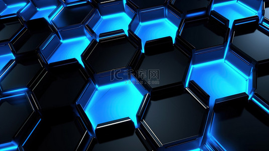 科技渐变光感几何背景图片_深黑色抽象中蓝色发光金属六边形的 3D 渲染