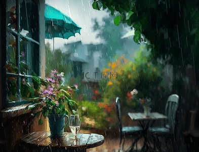 花瓣雨背景图片_雨滴花朵阳台花园油画花卉背景