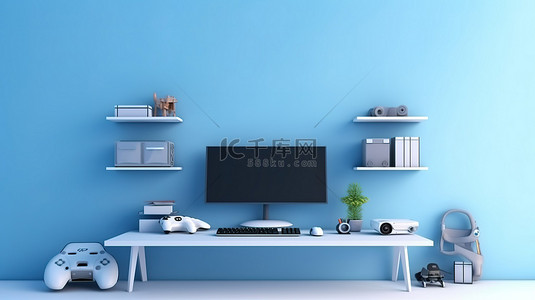 鼠蓝色背景图片_蓝色图案游戏室中的现代 PC 游戏设置，配有白屏模型和键盘 3D 渲染插图