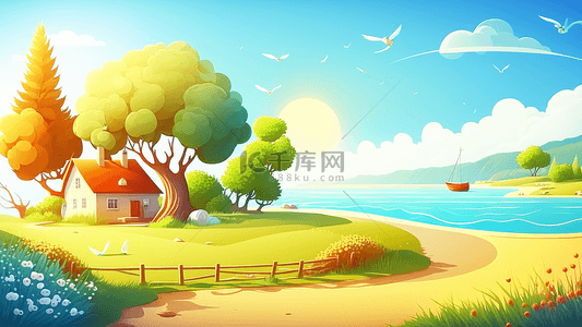 创意房子背景图片_房子大树河岸插画背景