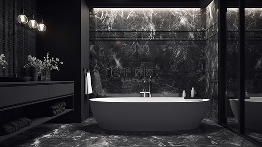 豪华瓷砖装饰在 3D 渲染中增强了现代黑色浴室的时尚感