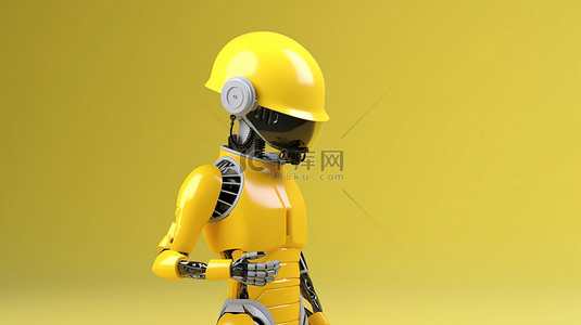 3D 渲染中描绘的黄色头盔工程师机器人