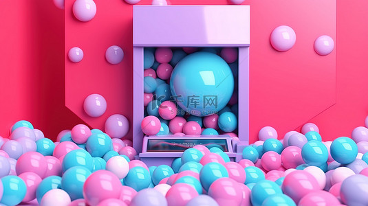 银行柜员背景图片_蓝色背景上粉色 atm 周围彩​​色球和现金的 3D 渲染