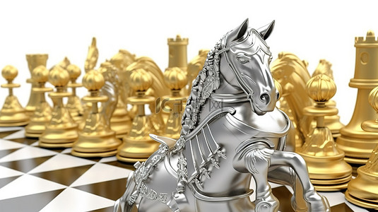 3D 渲染金色骑士棋子和白色背景上闪亮的银币，供商业使用