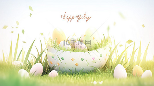 复活节背景图片_3d 的复活节问候在一个白色的蛋框上，周围环绕着郁郁葱葱的绿草