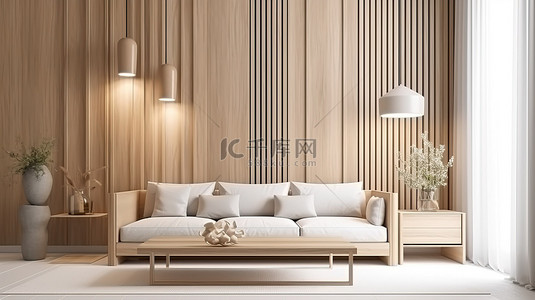 家背景图片_客厅的室内设计可视化 3D 渲染，配有大型白色沙发和浅色木质装饰