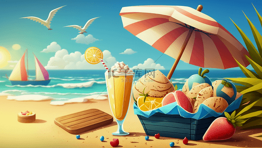 卡通海边度假背景图片_夏天休闲海边度假娱乐背景