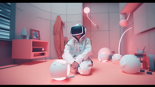 虚拟现实游戏玩家可爱的 3D 渲染角色在戴着 VR 眼镜的房间里玩