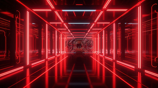 科幻技术产品陈列室的插图，具有充满活力的红色霓虹灯抽象背景和发光的 3D 渲染效果