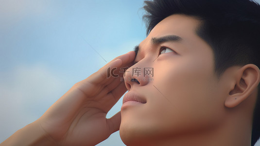 亚洲船长的透视规划 3D 渲染，手放在眼睛里，用充满希望的眼睛望着远方