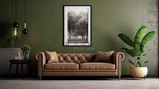 古典风格的内饰，配有 3D 渲染的模拟海报皮革沙发和茂密的植物