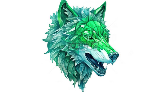 白色背景上美丽的 3D 插图中风格化且色彩缤纷的绿狼头