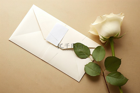 白玫瑰背景图片_米色背景上带信封的白玫瑰