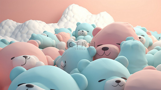 3D 渲染中可爱的泰迪熊和软糖云枕头