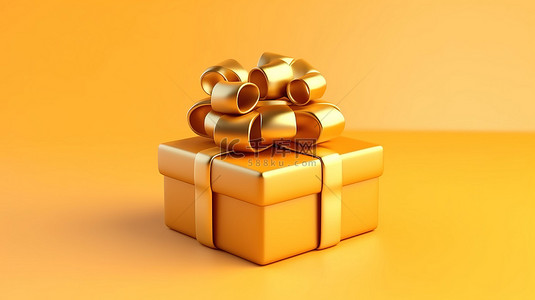 奢华的礼物盒，饰有金色丝带和卡通图标，在充满活力的黄色背景 3D 渲染上