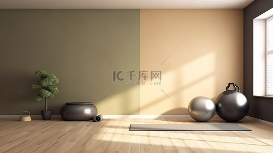 健身背景图片_装饰精美的家庭健身房 3D 渲染背景
