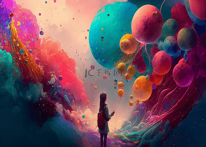 彩色创意水彩背景背景图片_女孩气球彩色梦幻美丽背景