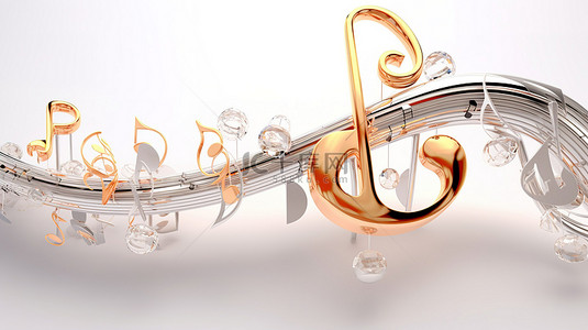 音乐元素背景图片_3D 照明中白色背景上的优雅音乐符号和弯曲漩涡