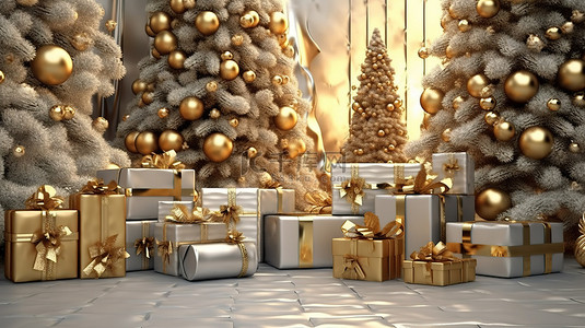 节日圣诞节背景中装饰圣诞树的金色蝴蝶结丝带和礼品盒的 3D 渲染