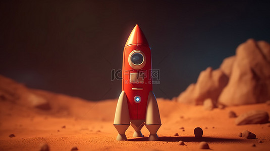 3D 渲染的卡通火箭在太空深处绕着一颗深红色的行星运行