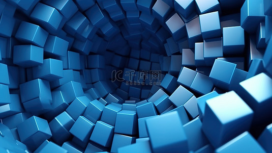 科技光科技蓝背景图片_蓝色背景下填充抽象圆形形状的蓝色立方体的 3D 渲染单色插图