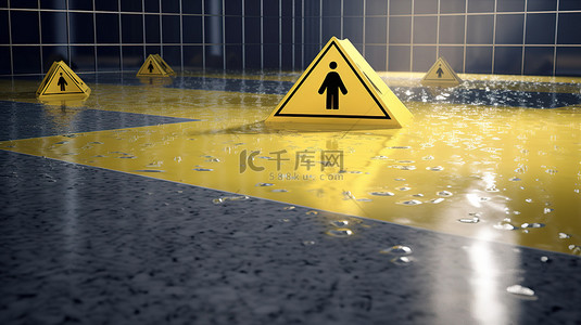 湿地面背景图片_3D 渲染黄色警告标志，带有湿地板警告，用于 Facebook 社交媒体营销