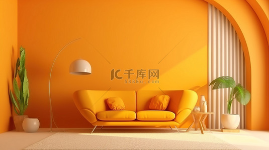 3D 渲染的孟菲斯内部设有充满活力的橙色墙壁和醒目的黄色窗帘