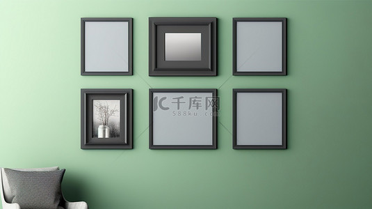 深灰色长袍搭配浅绿色石膏墙面装饰 3D 渲染相框