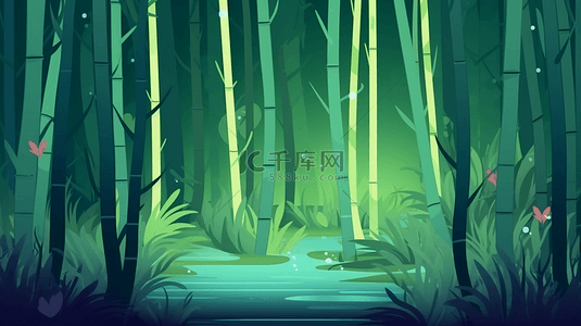 森林插画背景背景图片_青竹林水流翠竹林植物自然风景卡通装饰背景