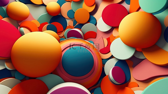 以 3D 呈现的充满活力的多彩多姿的球体和圆圈抽象艺术品