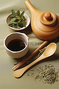 杯勺碗茶叶和勺子绿茶红咖喱