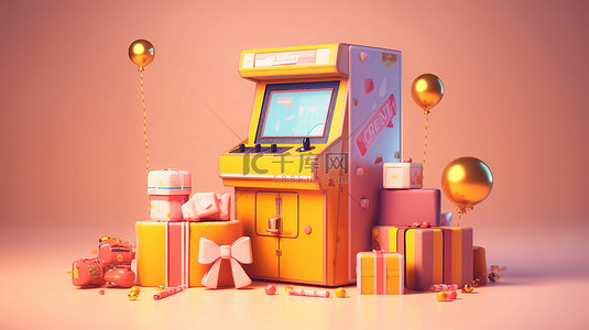 十二月七日背景图片_老式街机游戏机礼品盒的 3D 渲染概念
