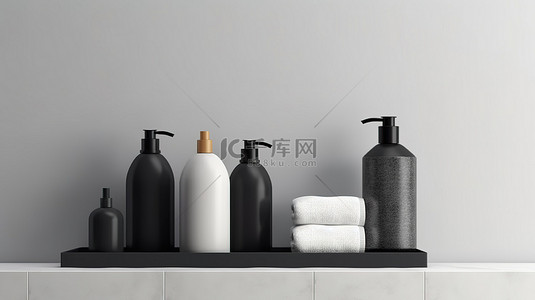 3D 渲染陶瓷瓶套装，用于存放浴室必需品，包括肥皂和毛巾，桌面上有充足的复制空间