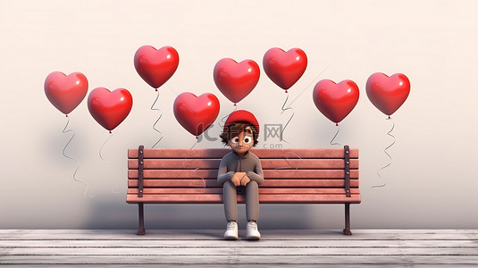 可爱的绅士迷恋心形气球放在长凳上 3D 渲染图像