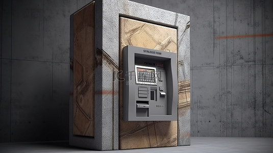 银行柜员背景图片_混凝土墙拥有最先进的现金 ATM 机 3D 渲染
