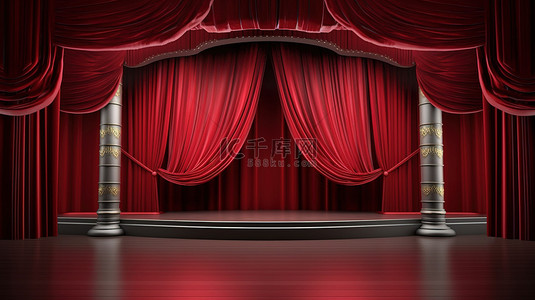 舞台背景图片_空置剧院或歌剧舞台的 3D 渲染，带有醒目的红色窗帘