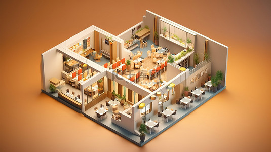 室内建筑背景图片_开放式餐厅室内建筑等距视图的 3D 渲染