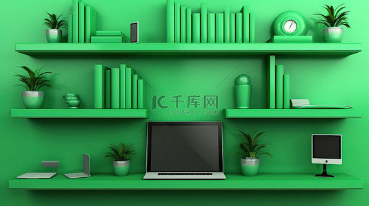 绿色电脑背景背景图片_现代技术在绿色墙架背景下展示笔记本电脑手机平板电脑和电脑 3D 渲染