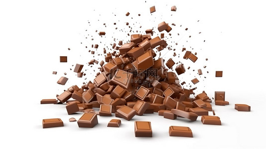 翻滚的巧克力片堆叠在白色背景 3D 渲染插图上详细特写